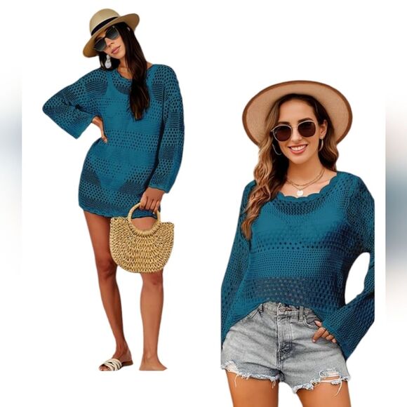 Crochet Sweater Teal Blue size Medium NWT - Picture 8 of 13